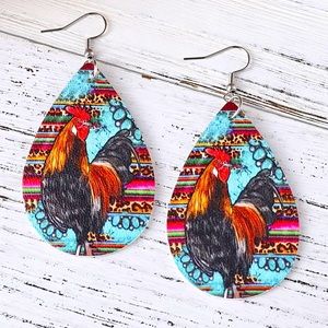 Rooster Earrings Faux Leather with Stainless Steel Hooks and Silicone Backings